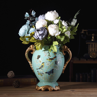 欧式田园陶瓷大花瓶摆件，美式复古现代客厅，装饰品仿真干花艺插花器