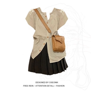 大码胖妹妹韩系学院风，条纹木耳边娃娃短袖衬衫，+高腰百褶短裙套装
