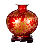 高档景德镇陶瓷器中国红色水晶釉，石榴花瓶插花创意家居客厅装饰品