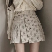 韩国chic春季不规则格纹百褶半身裙，女秋冬小香风，高腰a字短裙