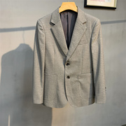 轻奢质感男士格子西服商务休闲单排扣西装外套英伦型男灰色单西潮