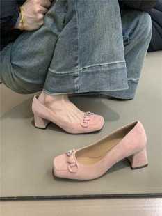 设计感小众仙女高跟鞋，女2024年法式气质优雅粉色爱心粗跟单鞋