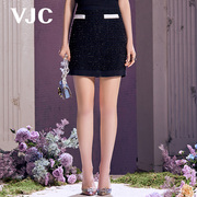 VJC/威杰思春夏女装黑色毛织撞色条纹甜美修身半身裙