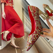 新娘秀禾鞋中式婚鞋女2023红色，高跟鞋尖头粗跟婚纱，两穿结婚鞋