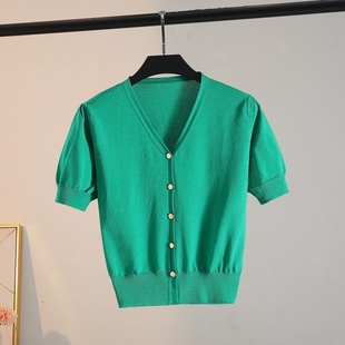 14针冰丝开衫夏季泡泡袖短袖，绿色v领外套，短款t恤气质温柔风薄上衣