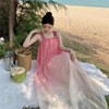 AZM女装粉红色无袖挂脖露肩连衣裙春夏季大摆长裙子海边度假