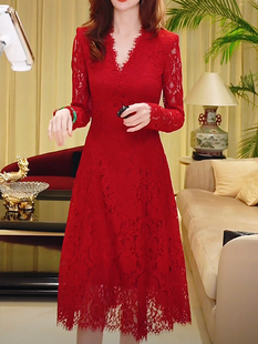 杭璐高端服装定制专家深红色v领长袖蕾丝裙优雅大气连衣裙经典款