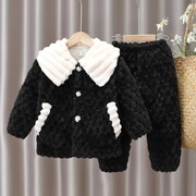 冬季韩版儿童法兰绒女童，睡衣加厚夹棉保暖套装，亲子装珊瑚绒家居服
