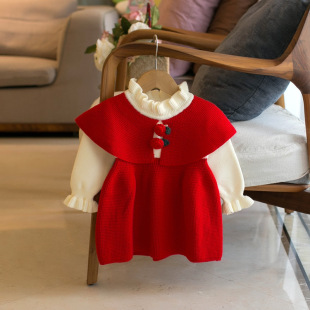 秋冬季大圆领儿童毛衣裙(毛衣裙)精致花边，领女童针织连衣裙婴儿幼红色裙子