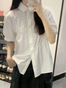 白色短袖衬衫女韩版高级感褶皱衬衣，学院风甜美宽松百搭纯色上衣夏