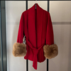 新年红色羊毛双面呢大衣女，秋冬季宽松浴袍狐狸毛袖口(毛，袖口)毛呢外套