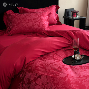 高级感大红色结婚床上四件套100s天，丝棉亲肤喜被婚庆床单婚房床品