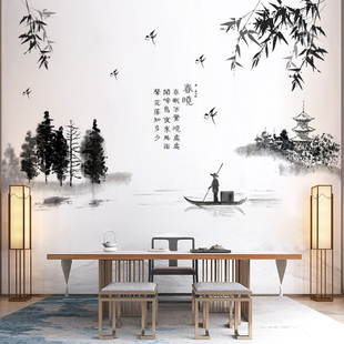 电视背景墙面布置贴画中国风水墨山水画，装饰墙贴纸自粘书房办公室