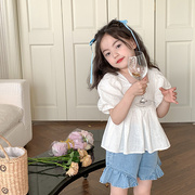 艾摩贝贝夏装女童法式小方，领气质娃娃，衫儿童洋气白色短袖衬衫