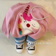 秋冬女童韩版圆领甜美可爱洋气鹿卡通套头毛衣粉色针织上衣潮
