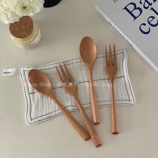 胡桃集市 日式ins风榉木叉勺套装 甜品木勺木叉子美食拍摄道具