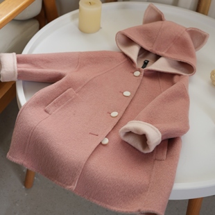 粉色狐狸100%双面羊毛大衣2023女童可爱毛呢秋冬中长款外套