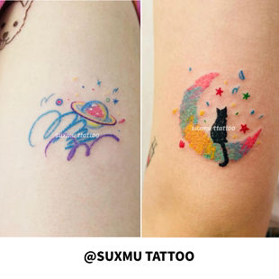 苏小木(苏小木)丨ins彩色创意，土星可爱手臂蜡笔风，彩色月亮和猫咪纹身贴