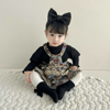 韩版女童春秋款高领泡泡袖打底衫+卡通背带裙套装婴童两件套潮