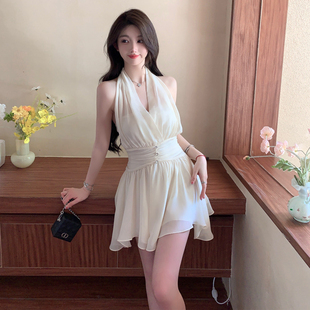 fairyjiang夏季气质白色，雪纺挂脖连衣裙收腰无袖，露肩短款仙女裙