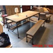 复古原木实木餐桌椅组合 长桌长椅短凳 铁艺水管道工业风餐厅酒店