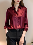 酒红色丝绸缎面衬衫女长袖2024春季polo气质上衣简约宽松衬衣