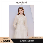 假两件Goodland美地女装2023秋季蕾丝中绣花肌理钉珠连衣裙