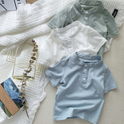 夏季男童宝宝衬衫薄软弹力短袖，t恤纯棉，休闲纯色立领儿童上衣