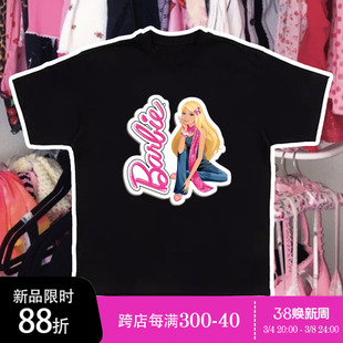 粉红蘑菇 barbie黑色上衣女夏款美式复古芭比T恤黑色设计感小众