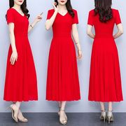 2024夏季雪纺连衣裙红色长款收腰显瘦遮肚气质修身大码长裙子