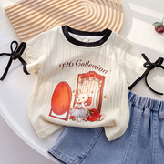 女童夏季可爱印花T恤韩版蝴蝶结短袖上衣宝宝洋气百搭打底衫