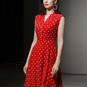夏季女装2024气质赫本风波点收腰显瘦红色雪纺连衣裙长裙