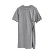 地球店腰部扭褶设计 烟灰色收腰显瘦短袖连衣裙女夏中长款T恤
