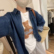 现!韩国东大门女装秋季深蓝色，复古水洗法式宽松休闲牛仔衬衫