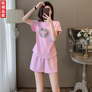 新中式粉色短袖短裤运动套装女夏国风，复古盘扣显瘦跳舞健身两件套