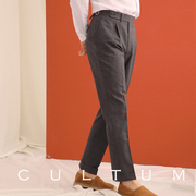 cultum100%澳洲羊毛裤口褶边，商务格子西裤男修身西装裤薄休闲裤