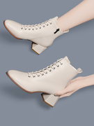马丁靴女中跟靴子白色皮鞋2023年秋冬季单靴粗跟英伦风小短靴