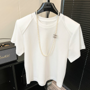 白色正肩t恤女短袖夏季2023拼接设计感垫肩上衣宽松纯棉体恤
