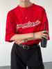 SF/夏韩风高级感刺绣字母短袖t恤衫男士宽松版圆领红色五分袖