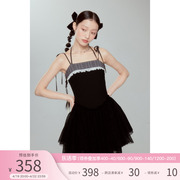 DIDDI 原创设计 黑白格拼接蕾丝刺绣花边甜美可爱紧身吊带芭蕾裙