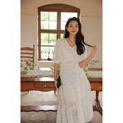 竹依依时尚法式米白色蕾丝泡泡袖连衣裙甜美短袖娃娃裙夏季女