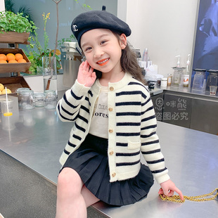 韩系女童针织开衫加绒春秋季韩版儿童洋气，条纹毛衣外套长袖潮