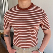 2024欧美夏季大码男士针织衫红色条纹短袖T恤潮Men's T-Shirt