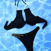 2023纯色性感分r体泳衣夏季带钢托比基尼女士沙滩聚拢泳装热