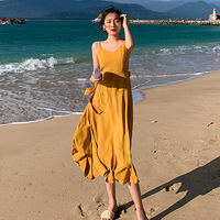 网红沙滩裙女三亚海边度假显瘦波西米亚，长裙超仙黄色连衣裙夏装