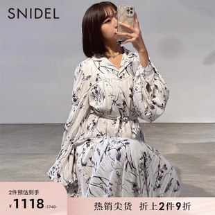 SNIDEL2023秋冬甜美翻领长袖印花雪纺百褶连衣裙SWFO235073