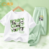 棉致童装女童夏季套装绿色，两件套运动休闲裤子短袖，上衣儿童夏装潮
