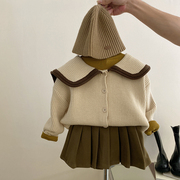女童秋冬装海军领毛衣加厚娃娃领针织外套打底衫百褶裙三件套