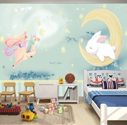 北欧儿童房墙纸温馨月亮兔子墙布女孩卧室壁纸独角兽壁布环保壁画