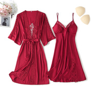 酒红色性感吊带睡衣女2022年两件套高级感睡袍春秋带胸垫睡裙